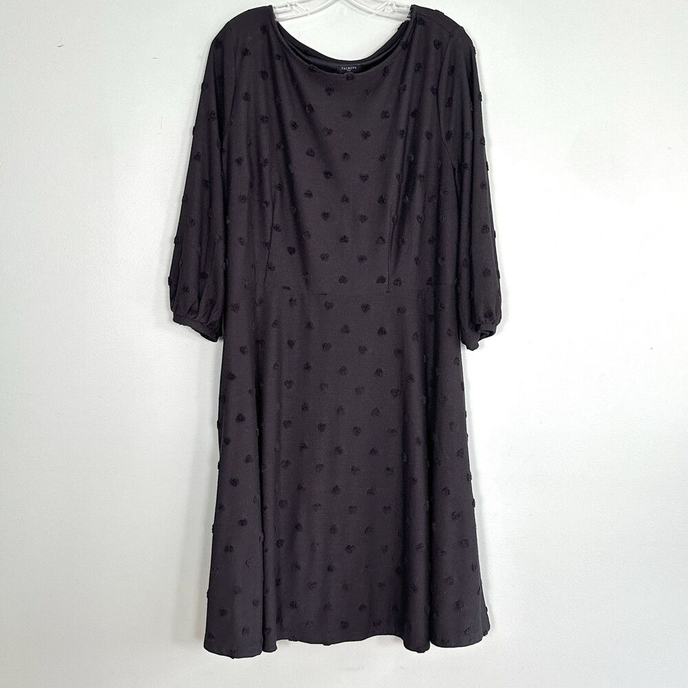 Talbots Polka Dot Midi Dress Womens 1X Black 3/4 Sleeve Textured Whimsigoth